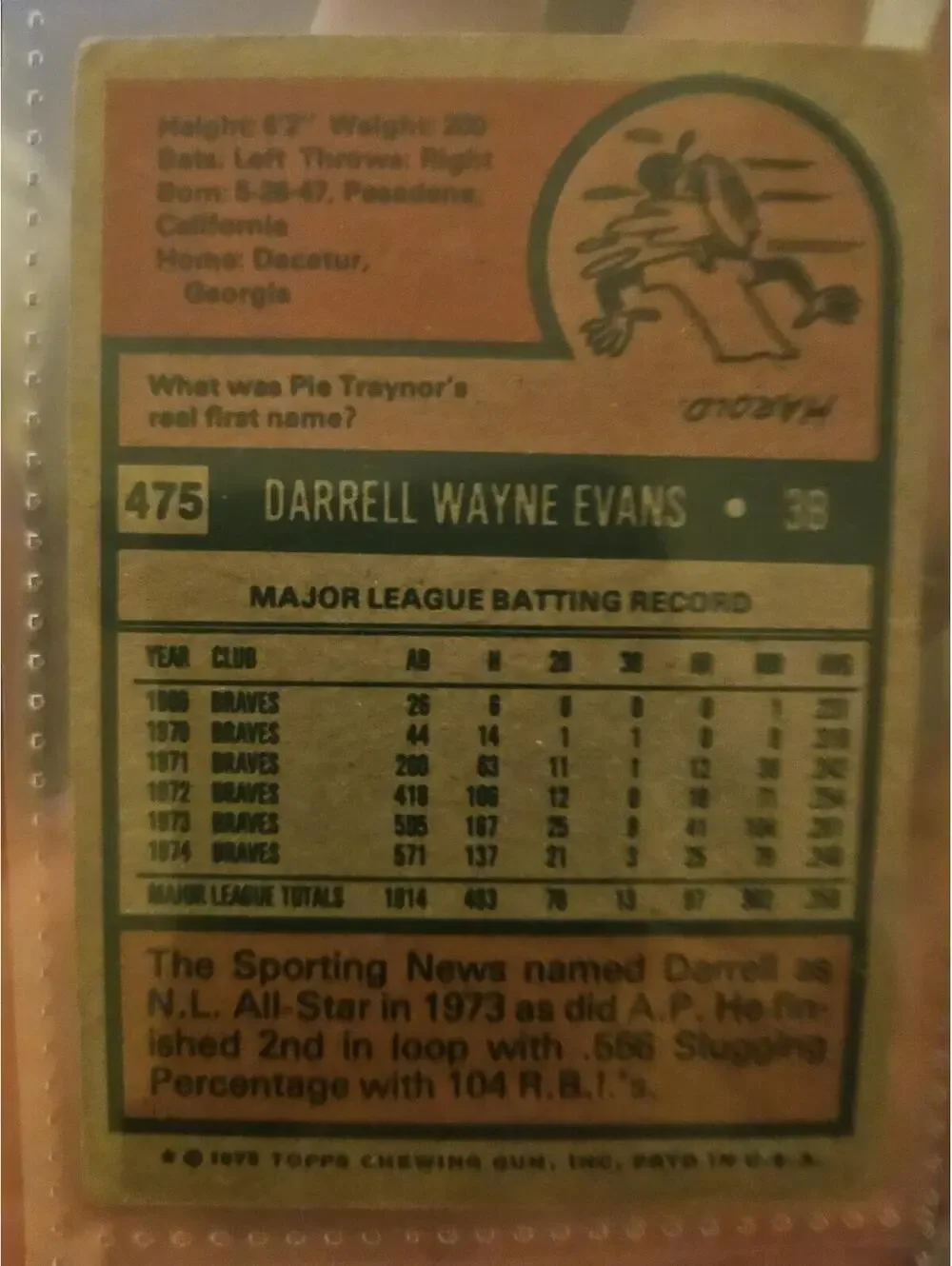 VINTAGE 1975 Topps DARRELL EVANS # 475 - Atlanta Braves